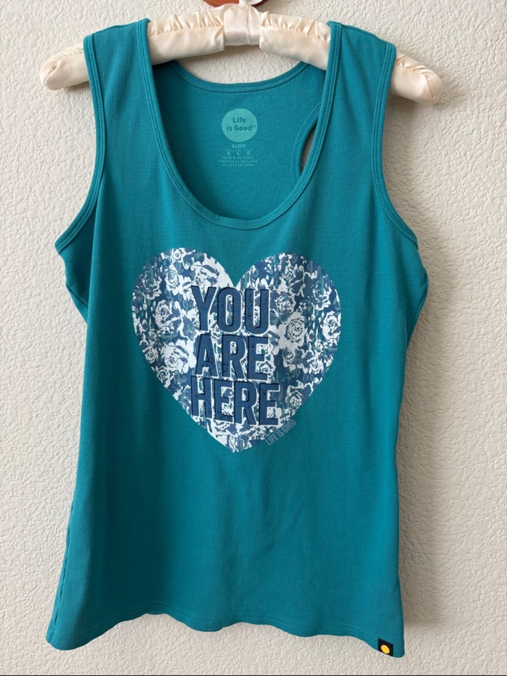 Life Is Good Teal Tank with Floral Heart 'You Are Here'